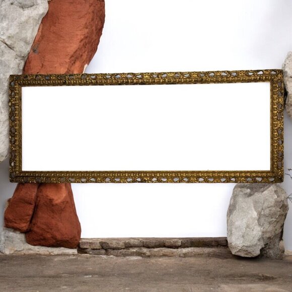 Vtg Ornate Gold Leaf Rectangle Hand Carved Wood Frame 37x15 Art Picture Painting - Picture 1 of 12